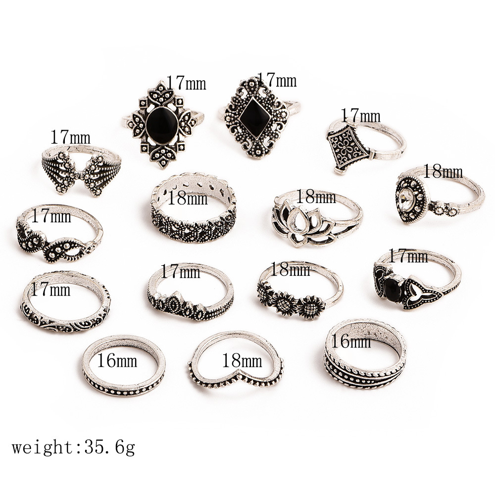 Picture of 15 Pcs/Set Bohemian Retro Flower Leaves Hollow Lotus Finger Ring Set Women Wedding Anniversary Gift - Ring S(Silver)
