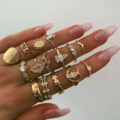 Picture of 15 Pcs/Set Finger Ring Set Jewelry Rings Set For Women'S Fashion - Ring(Gold)