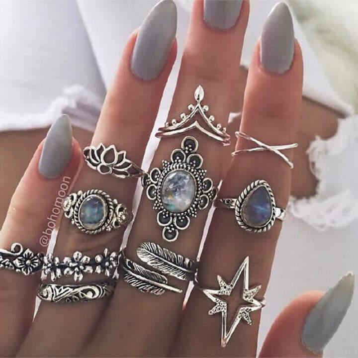 Picture of 11 Pcs/set Women Boho Carving Flowers Leaves Water Drop Stars Crystals Gem Joint Ring Lady Party Wedding Ring(Silver)