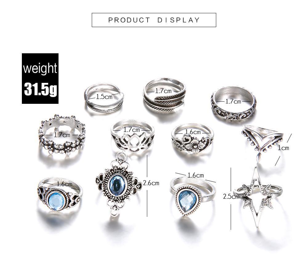 Picture of 11 Pcs/set Women Boho Carving Flowers Leaves Water Drop Stars Crystals Gem Joint Ring Lady Party Wedding Ring(Silver)