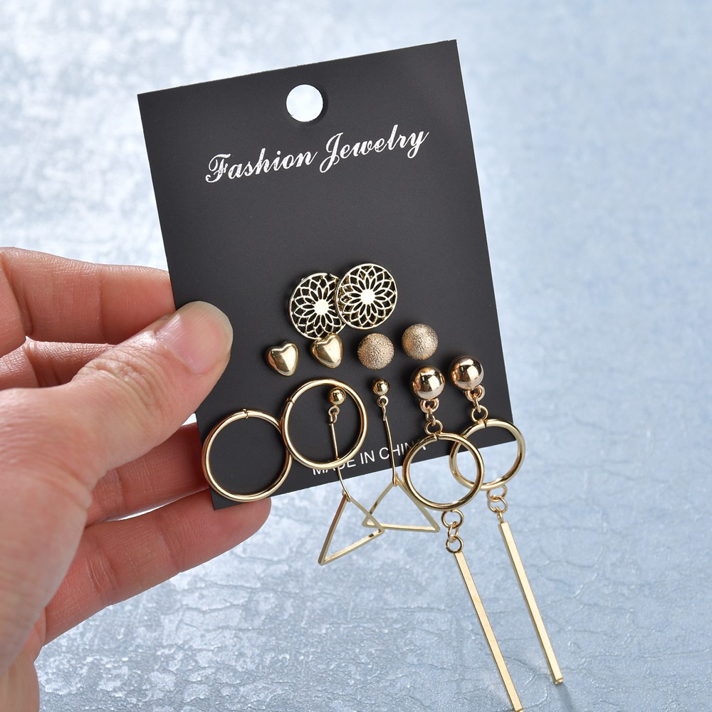 Picture of Triangle Round Pendant Earrings Female 6 Piece Earring Set(Gold)
