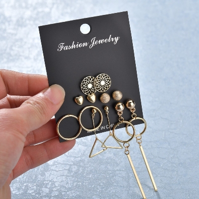 Picture of Triangle Round Pendant Earrings Female 6 Piece Earring Set(Gold)