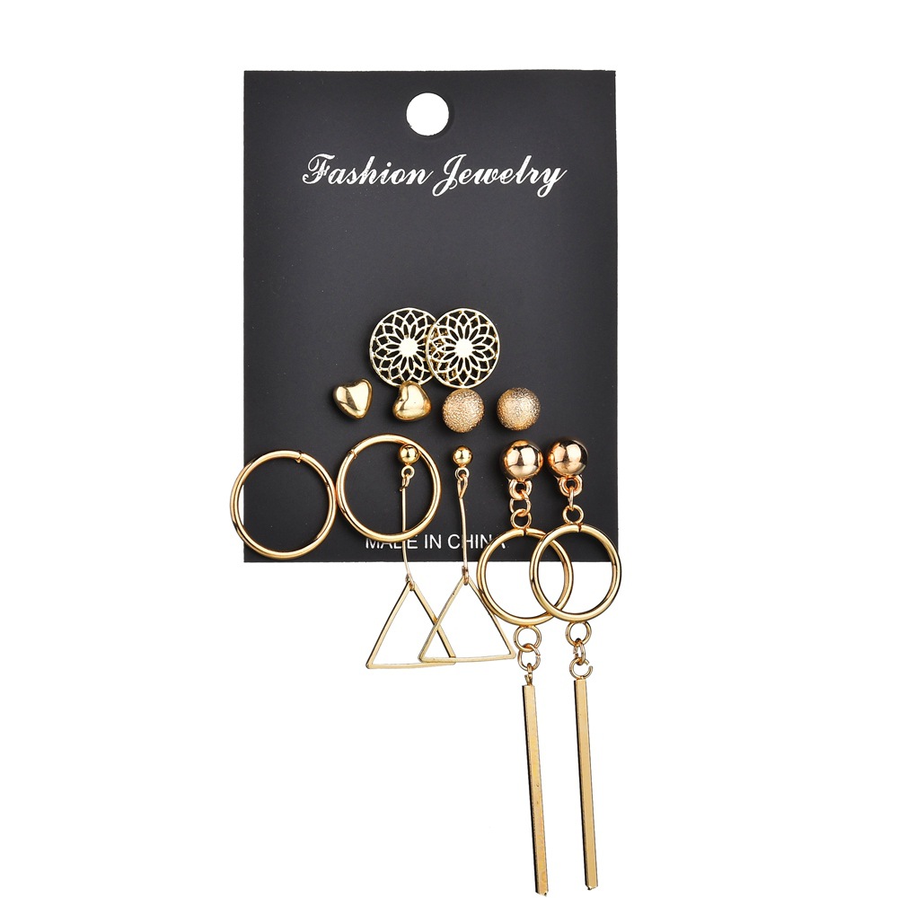 Picture of Triangle Round Pendant Earrings Female 6 Piece Earring Set(Gold)