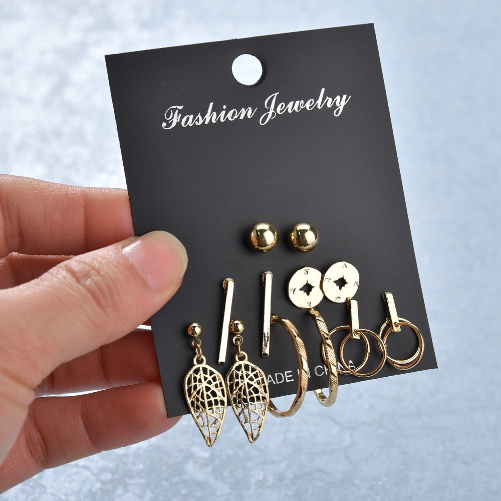 Picture of Triangle Round Pendant Earrings Female 6 Piece Earring Set(Gold)