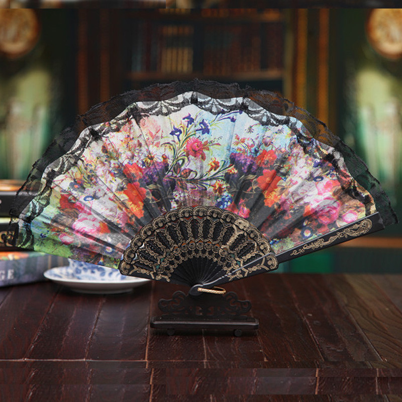 Picture of Folding Fan 1PC Lace Hand Held Folding Fan Dance Party Wedding Decor Fan Chinese Hand Fan(Multicolor)