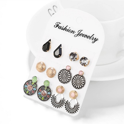 Picture of Fashion geometric fan-shaped retro flower totem drop metal ball stud earrings six-Pairs(Multi-Color)