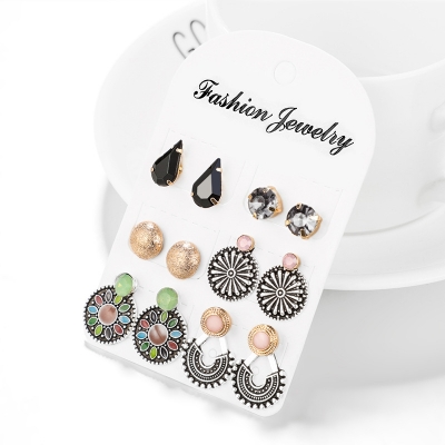 Picture of Fashion geometric fan-shaped retro flower totem drop metal ball stud earrings six-Pairs(Multi-Color)