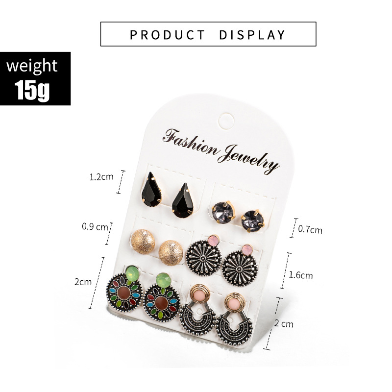 Picture of Fashion geometric fan-shaped retro flower totem drop metal ball stud earrings six-Pairs(Multi-Color)