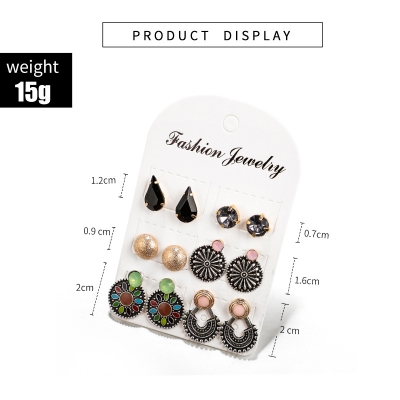 Picture of Fashion geometric fan-shaped retro flower totem drop metal ball stud earrings six-Pairs(Multi-Color)