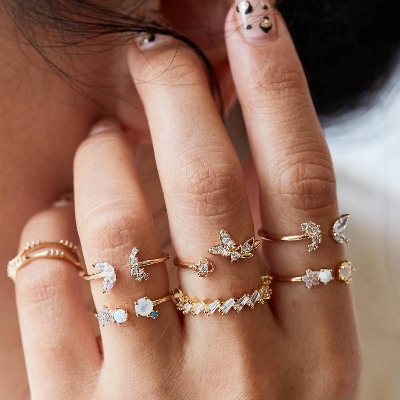 Picture of 7pcs/set Bohemian Butterfly Flower Knuckle Joint Rings Set For Women Crystal Finger Rings Girls Jewelry 2021 New(Gold)