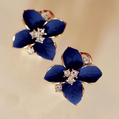 Picture of Camellia shape flower stud Earring set for Women's Fashion(Dark blue)
