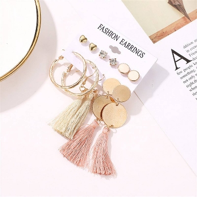 Picture of 6 Pairs/set Ethnic style tassel geometric stud earring set for women's fashion(Picture Color)