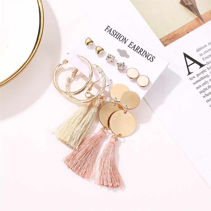 Picture of 6 Pairs/set Ethnic style tassel geometric stud earring set for women's fashion(Picture Color)