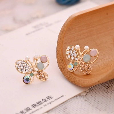 Picture of Korean version rhinestone butterfly wing earrings lady alloy butterfly stud earrings(Same as picture)