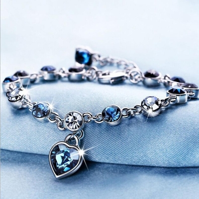 Picture of 2 Pcs/Set Silver Heart Bracelets For Women Blue Sapphire Tanzanite Chain Bracelet Trendy Wedding Gift Fine Jewelry - Bracelet For Women(Black Stone)