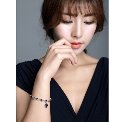 Picture of 2 Pcs/Set Silver Heart Bracelets For Women Blue Sapphire Tanzanite Chain Bracelet Trendy Wedding Gift Fine Jewelry - Bracelet For Women(Black Stone)