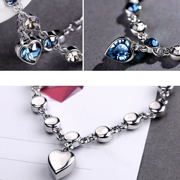 Picture of 2 Pcs/Set Silver Heart Bracelets For Women Blue Sapphire Tanzanite Chain Bracelet Trendy Wedding Gift Fine Jewelry - Bracelet For Women(Black Stone)