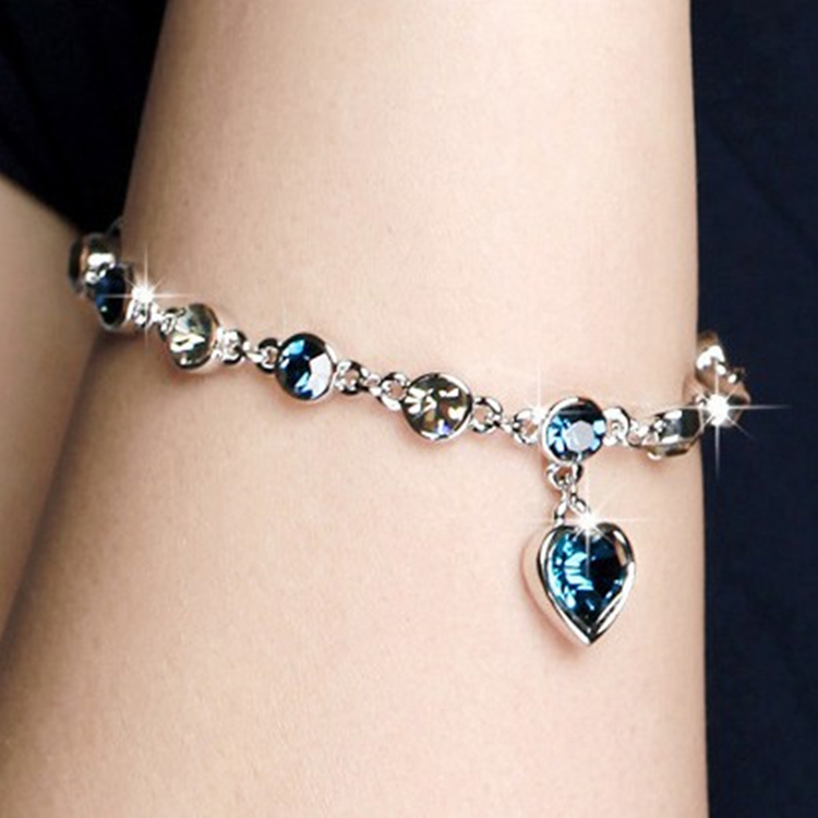 Picture of 2 Pcs/Set Silver Heart Bracelets For Women Blue Sapphire Tanzanite Chain Bracelet Trendy Wedding Gift Fine Jewelry - Bracelet For Women(Black Stone)