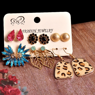 Picture of 6 Pairs/set earring set Leather leopard print pink water drop golden buns exaggerated earring set for women's fashion EID(Multicolor)