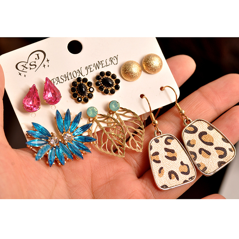 Picture of 6 Pairs/set earring set Leather leopard print pink water drop golden buns exaggerated earring set for women's fashion EID(Multicolor)