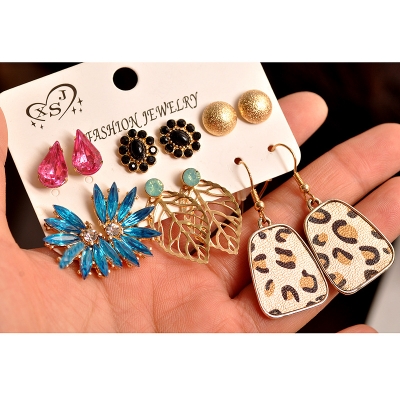 Picture of 6 Pairs/set earring set Leather leopard print pink water drop golden buns exaggerated earring set for women's fashion EID(Multicolor)