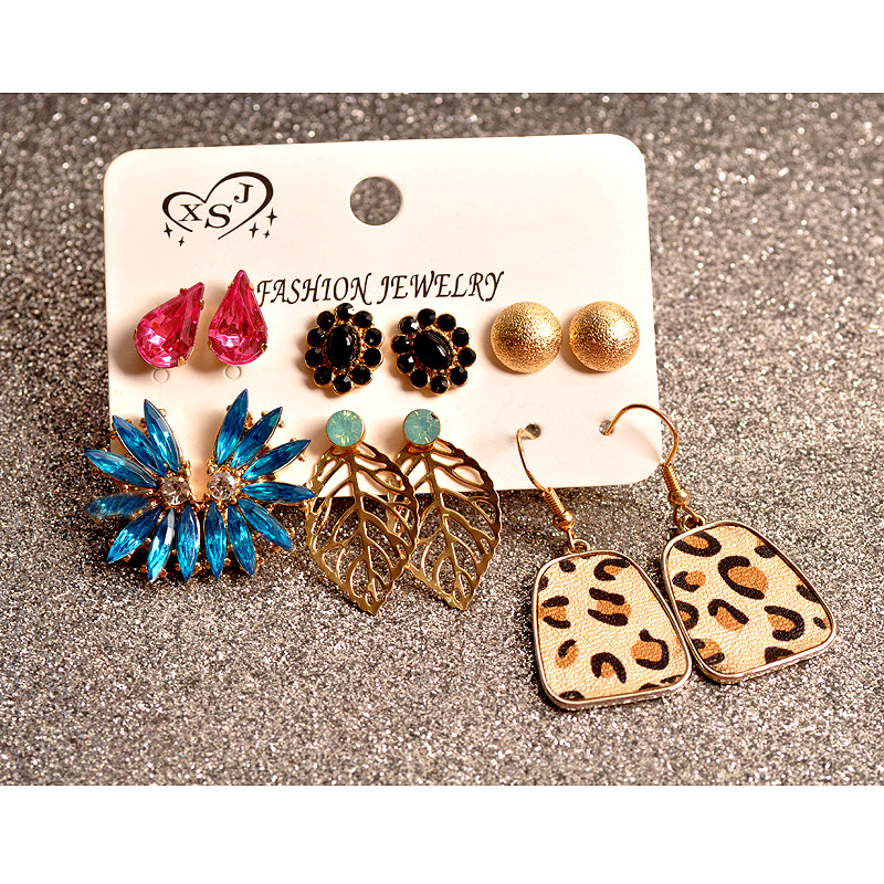 Picture of 6 Pairs/set earring set Leather leopard print pink water drop golden buns exaggerated earring set for women's fashion EID(Multicolor)