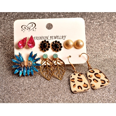 Picture of 6 Pairs/set earring set Leather leopard print pink water drop golden buns exaggerated earring set for women's fashion EID(Multicolor)