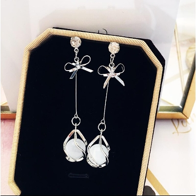 Picture of Korean simple and versatile small fresh bowknot opal tassel earrings fashion earrings long temperament earring for women's fashion(Silver)