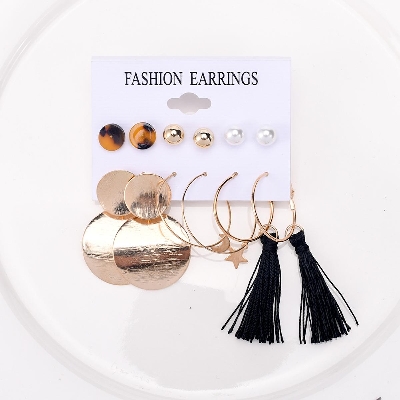 Picture of 6 Pairs/set statement geometry black tassel earring set for women fashion(Multicolor)