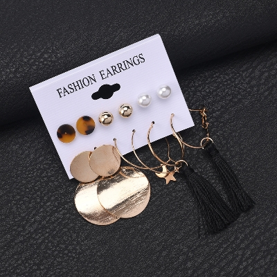 Picture of 6 Pairs/set statement geometry black tassel earring set for women fashion(Multicolor)