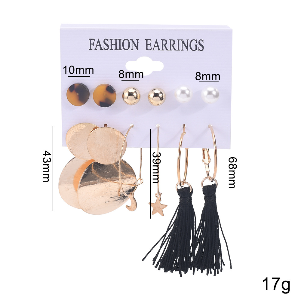 Picture of 6 Pairs/set statement geometry black tassel earring set for women fashion(Multicolor)