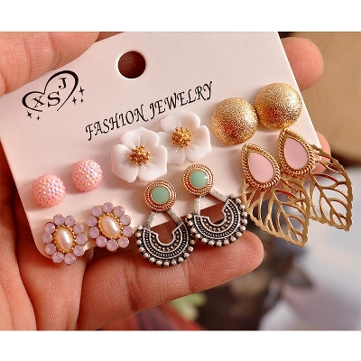 Picture of New fashion European and American style female jewelry 6 pairs/set earring pearls, hollow leaves earring set(Same as Picture)