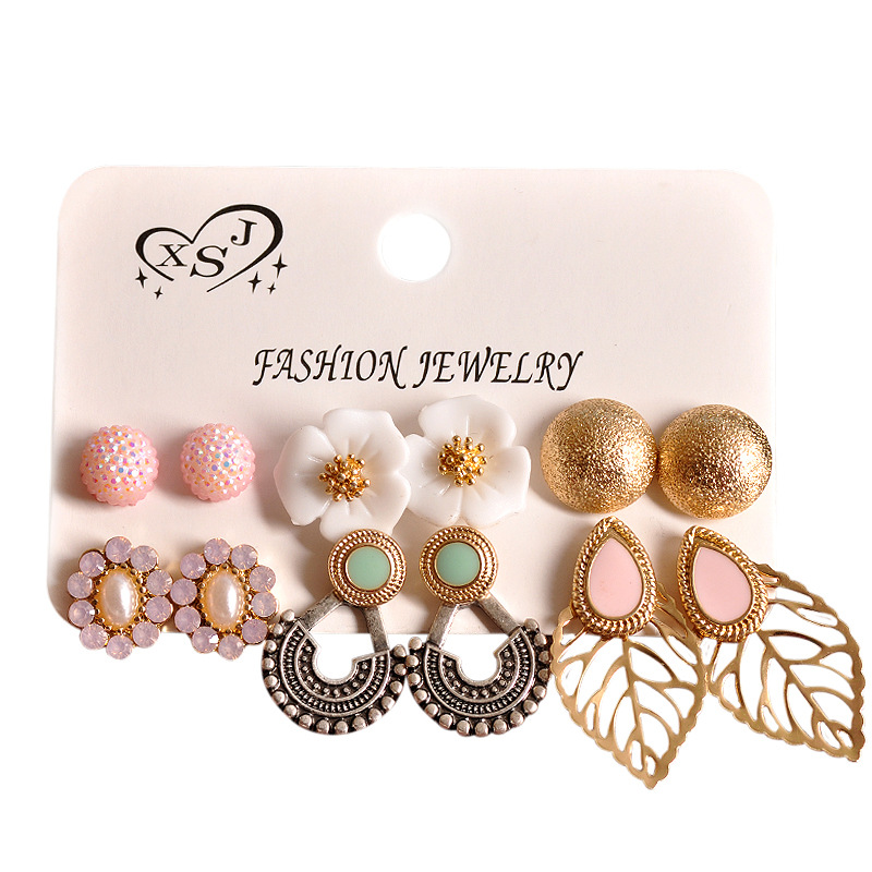 Picture of New fashion European and American style female jewelry 6 pairs/set earring pearls, hollow leaves earring set(Same as Picture)