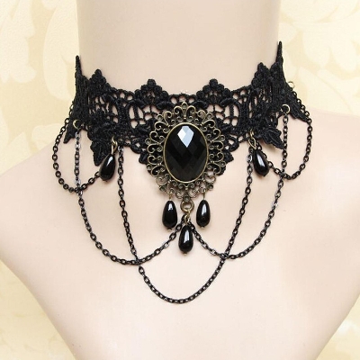 Picture of Retro Black Lace Tassel Choker Necklace Clavicle Chain False Collar Gothic Style Adjustable Lace Necklace 29x8 cm for Women(Black)