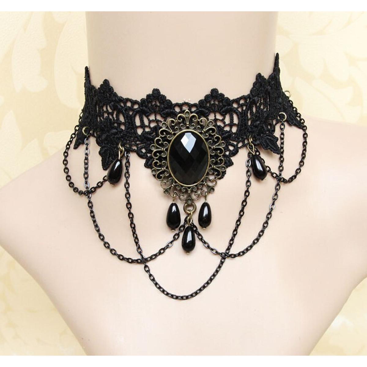 Picture of Retro Black Lace Tassel Choker Necklace Clavicle Chain False Collar Gothic Style Adjustable Lace Necklace 29x8 cm for Women(Black)