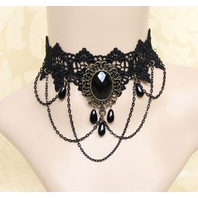 Picture of Retro Black Lace Tassel Choker Necklace Clavicle Chain False Collar Gothic Style Adjustable Lace Necklace 29x8 cm for Women(Black)