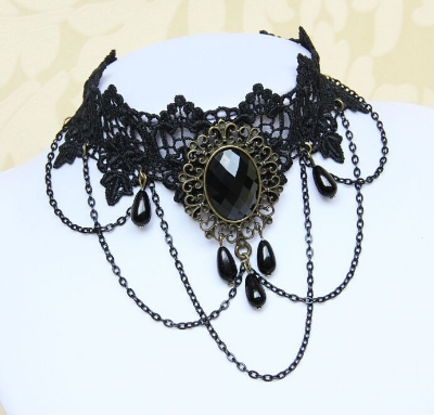 Picture of Retro Black Lace Tassel Choker Necklace Clavicle Chain False Collar Gothic Style Adjustable Lace Necklace 29x8 cm for Women(Black)