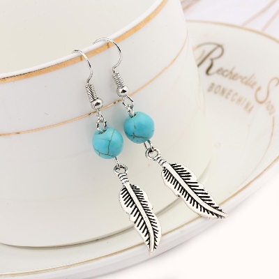 Picture of Retro romantic sky blue turquoise round beads leaf earrings earrings small size(Multicolor)