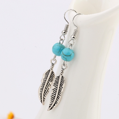 Picture of Retro romantic sky blue turquoise round beads leaf earrings earrings small size(Multicolor)