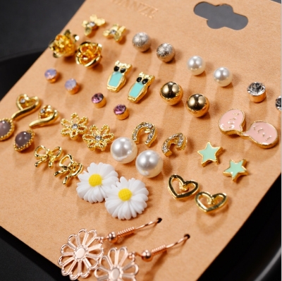 Picture of 20 Pairs/set Earring Fashion Korean Jewelry Earrings Earrings Set 20 Pairs of Plate Pearl Bow Earrings for women's fashion(Multicolor)