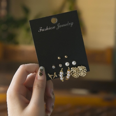Picture of 6 Pairs/set trendy bean and leaf style stud earring set for women's girls fashion(Gold)