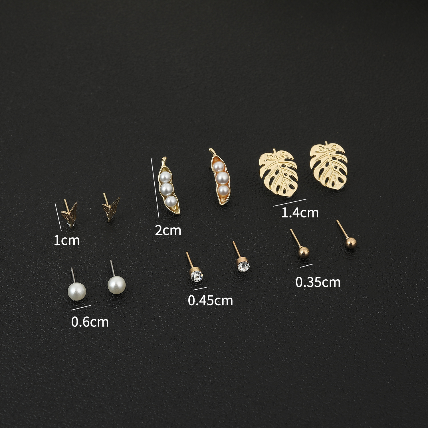 Picture of 6 Pairs/set trendy bean and leaf style stud earring set for women's girls fashion(Gold)