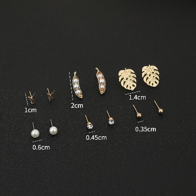 Picture of 6 Pairs/set trendy bean and leaf style stud earring set for women's girls fashion(Gold)