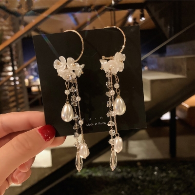Picture of Silver needle earring female Korean long tassel earring earrings super fairy pearl earrings for women fashion - Ear Ring - কানের দুল - Earrings For Girls(Silver)