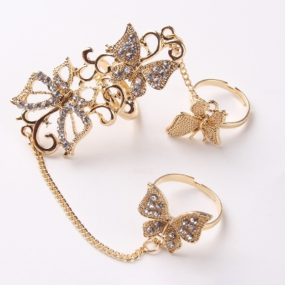 Picture of Temperament butterfly hollow set ring flower vine rhinestone adjustable Finger Ring(Gold)
