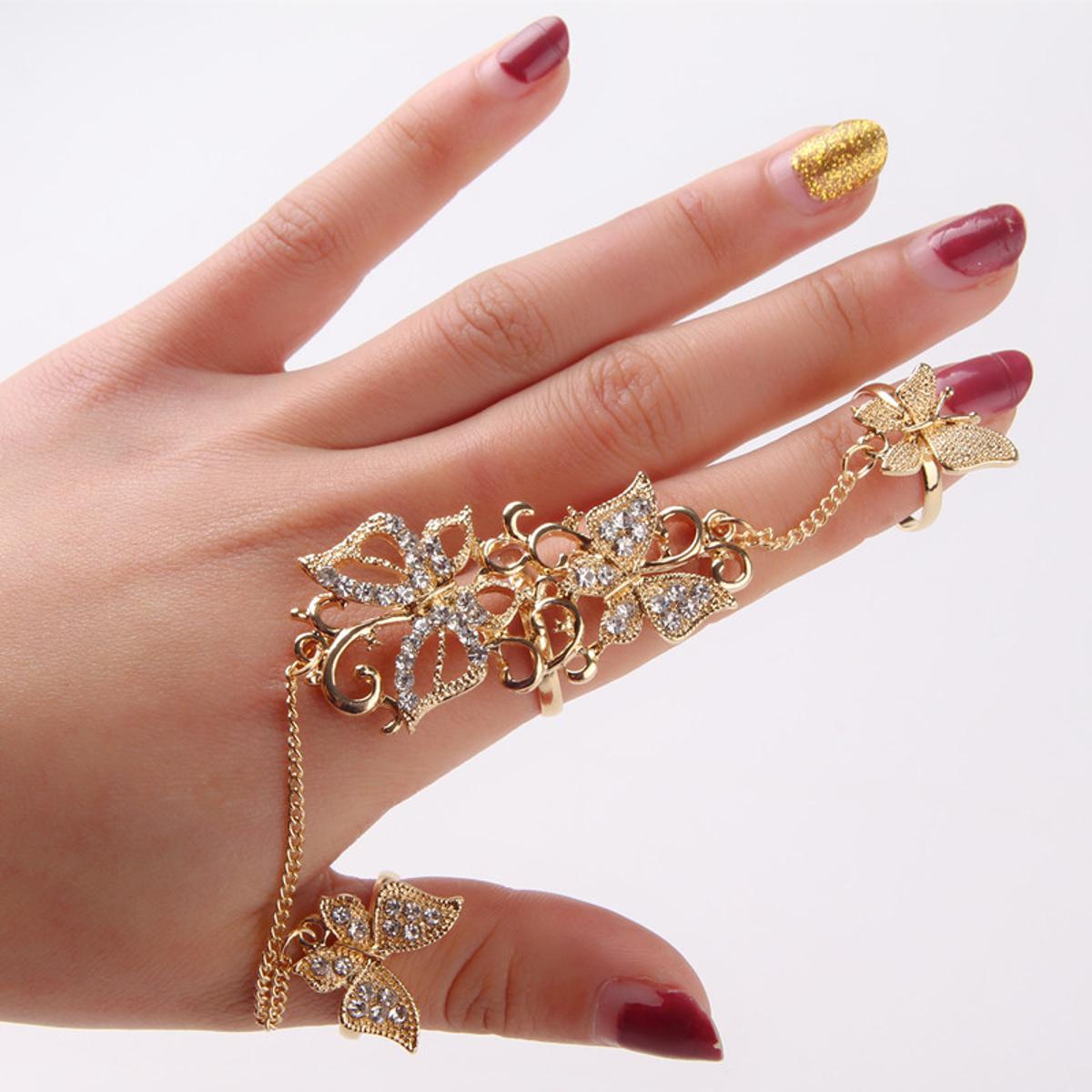 Picture of Temperament butterfly hollow set ring flower vine rhinestone adjustable Finger Ring(Gold)