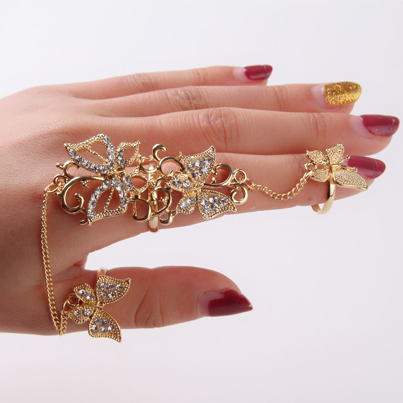 Picture of Temperament butterfly hollow set ring flower vine rhinestone adjustable Finger Ring(Gold)