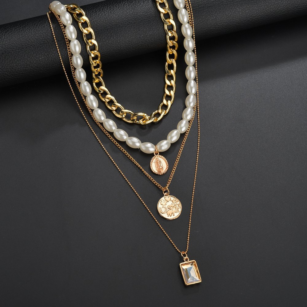 Picture of Multilayer Sweater Chain Female Jewelry Crystal Pendant Pearl Necklace For Women Fashion - Necklace S(Gold)