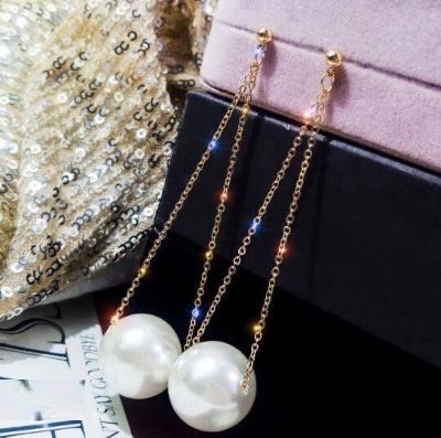 Picture of Long Tassel White Pearl Fashion Earring Set for Women Fashion(Gold)