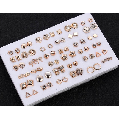 Picture of 36 Pairs Earrings Mixed Styles Rhinestone Sun Flower Geometric Animal Plastic Stud Earrings Set For Women(Gold)
